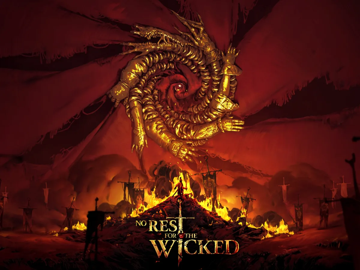 A warrior in dark armour stands against a stormy red sky above the title logo.