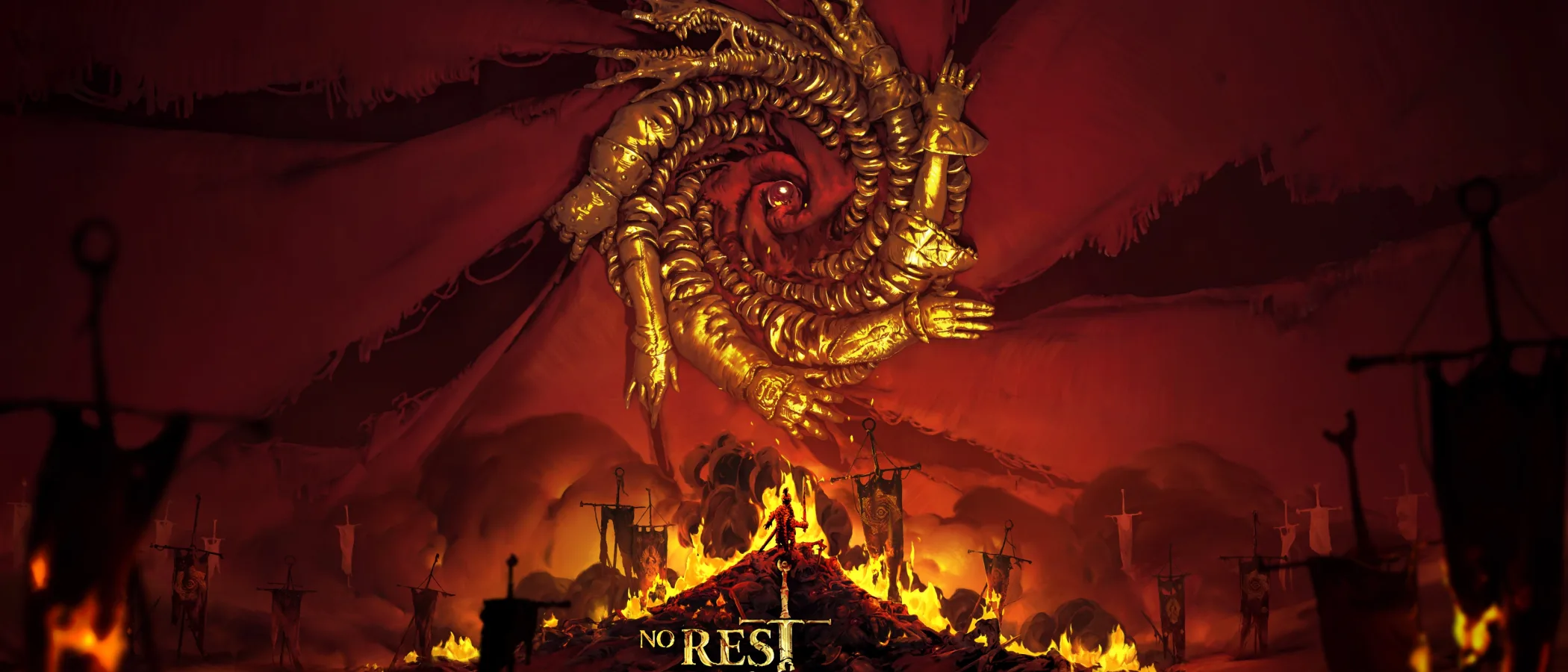 A warrior in dark armour stands against a stormy red sky above the title logo.