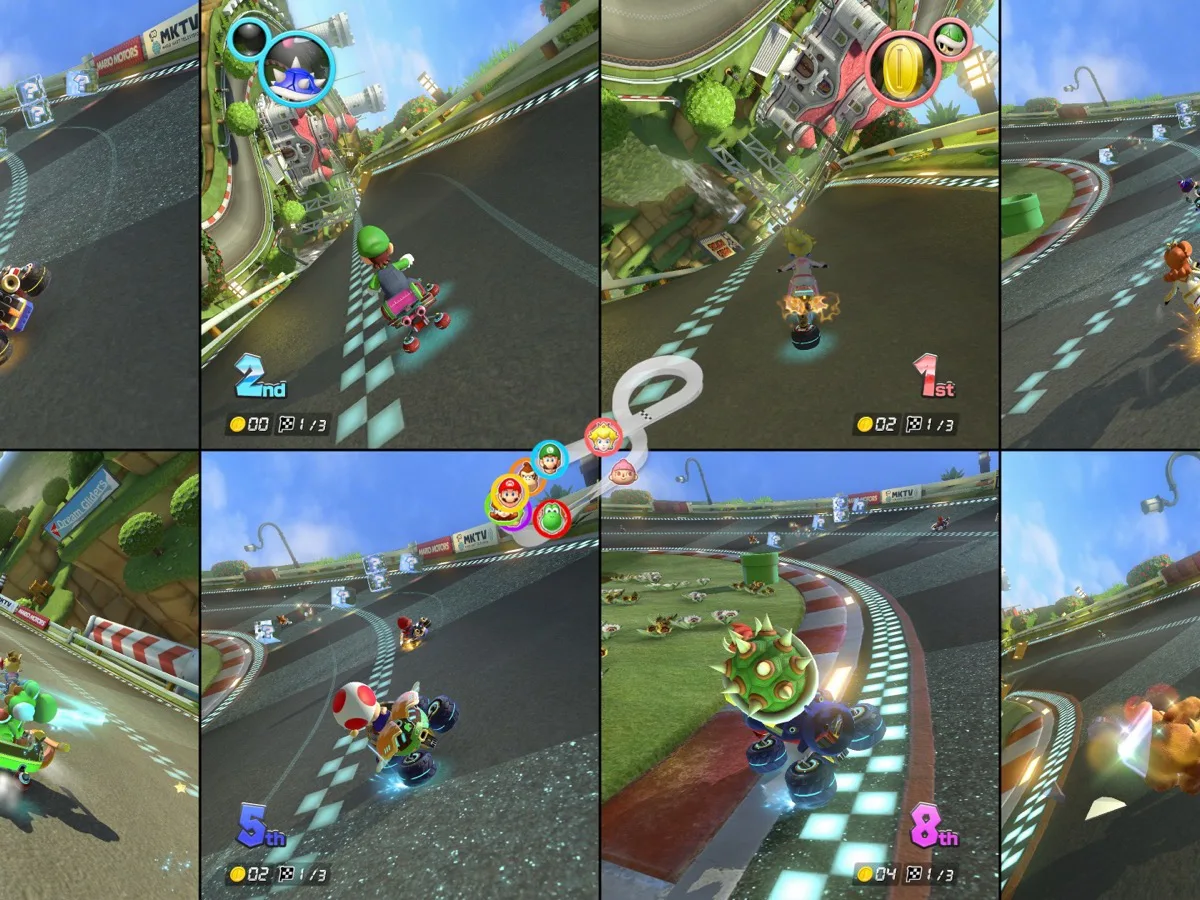 Eight-player split-screen Mario Kart 8 Deluxe race, with eight racers shown on one display.
