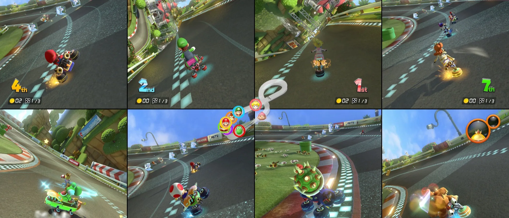 Eight-player split-screen Mario Kart 8 Deluxe race, with eight racers shown on one display.
