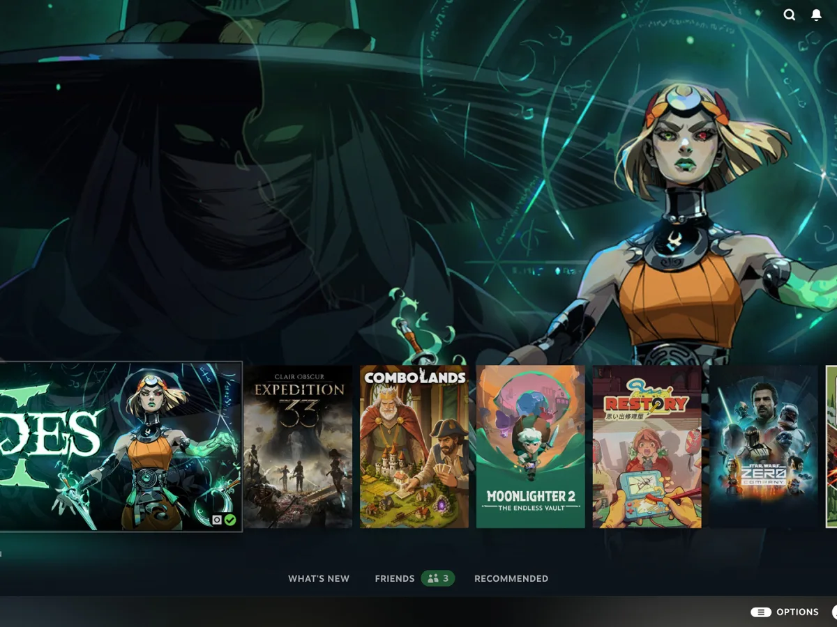 Steam Big Picture shows a game screen across the home page behind a row of recently played games.