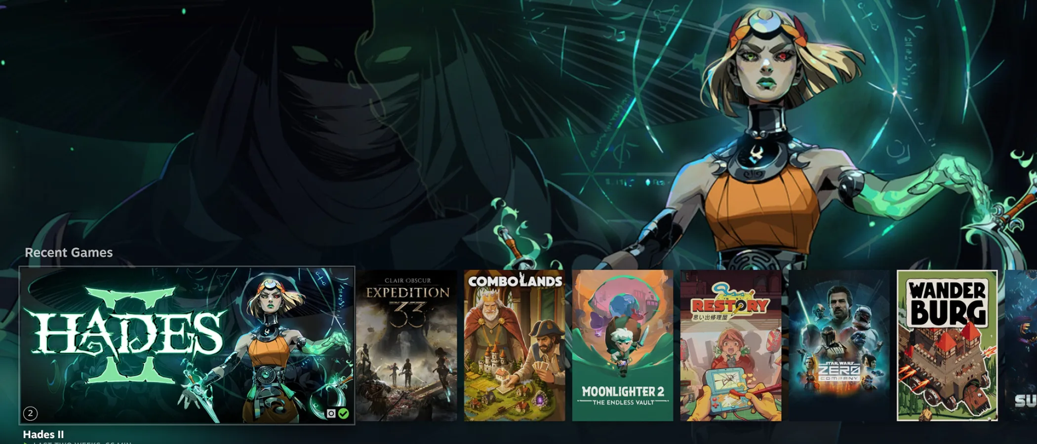 Steam Big Picture shows a game screen across the home page behind a row of recently played games.