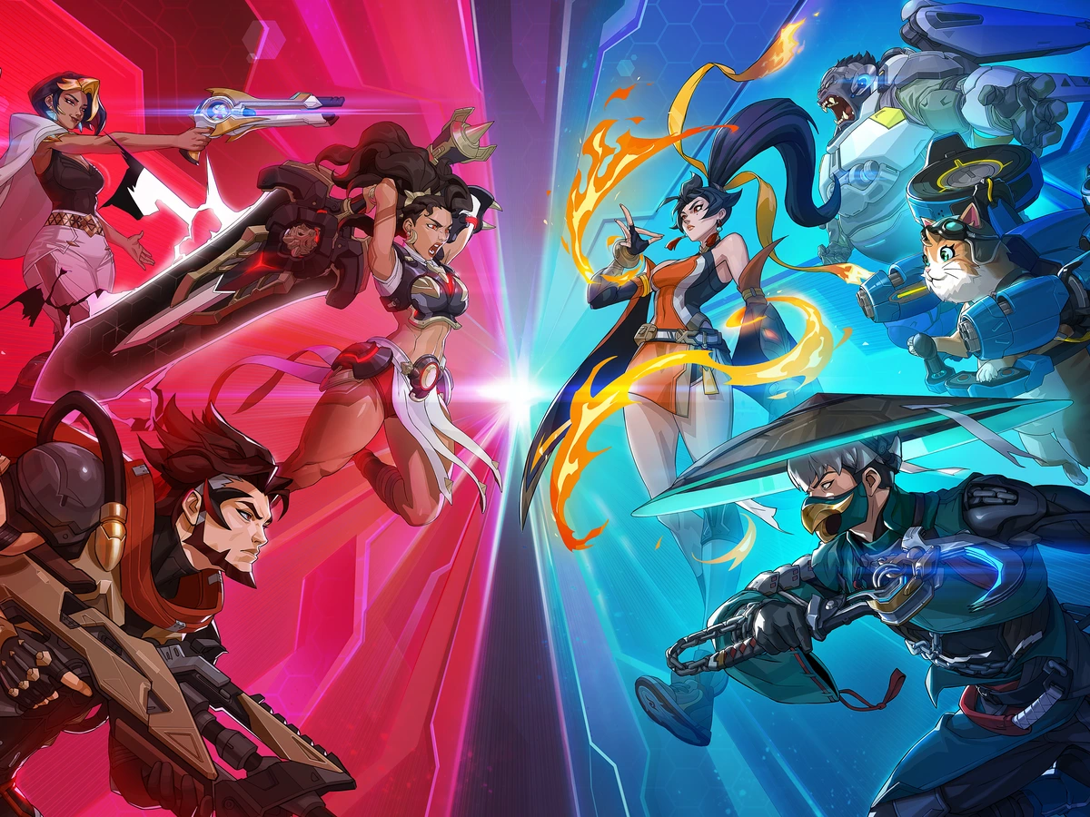 Overwatch and Talon heroes face each other in red and blue promotional artwork.