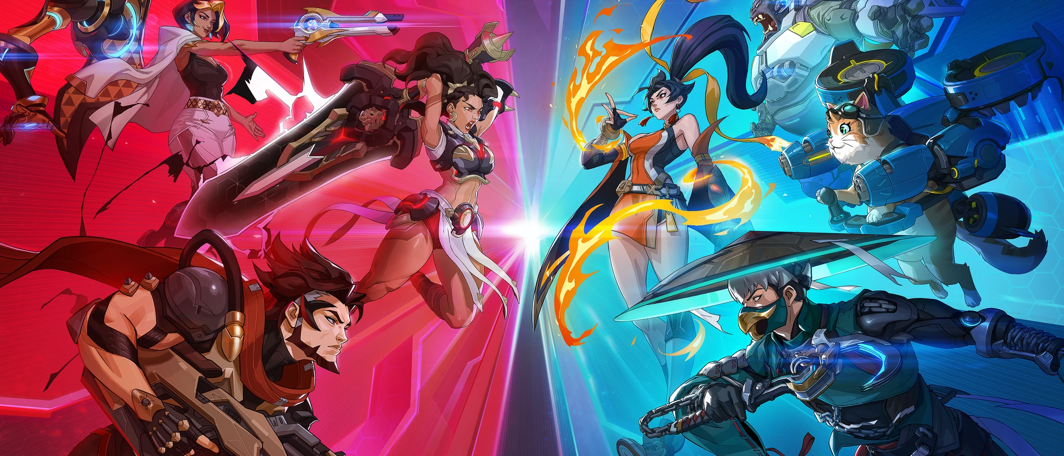 Overwatch and Talon heroes face each other in red and blue promotional artwork.