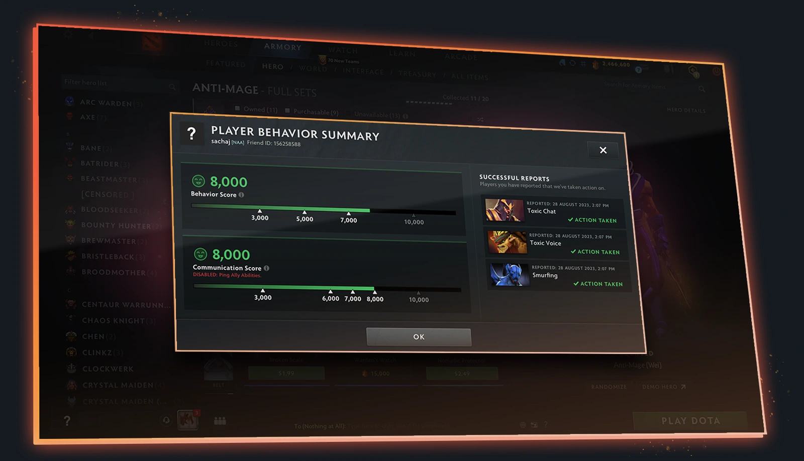 Valve's Dota 2 Player Behavior Summary showing separate behaviour and communication scores