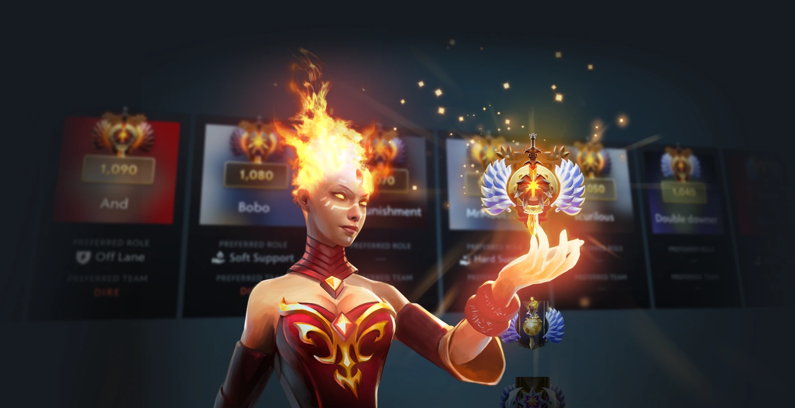 Lina holding a ranked medal in Valve's New Frontiers matchmaking artwork