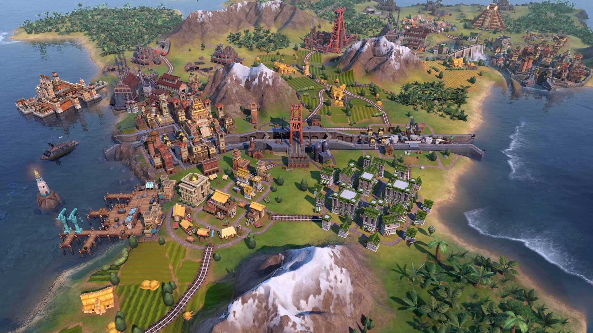 Coastal Civilization VI city with an industrial district, railway and mountain backdrop