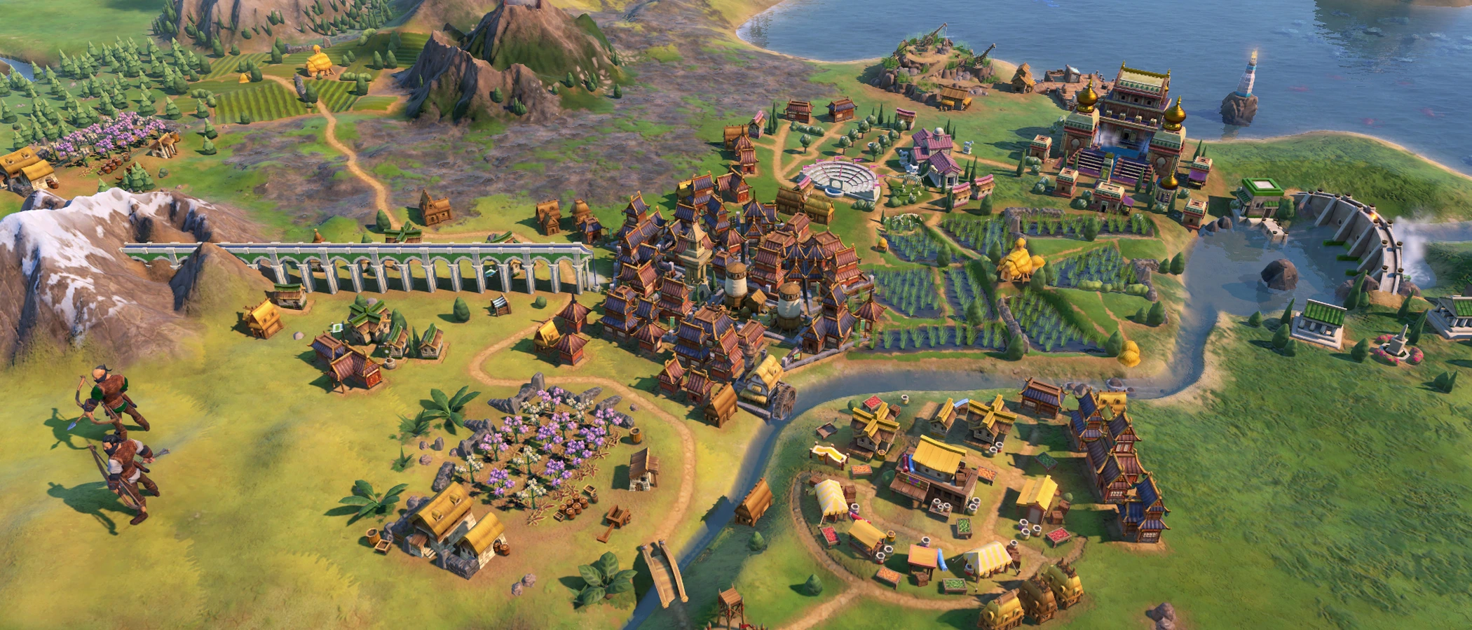 Civilization VI city beside a river, volcanic mountains and coastal farmland