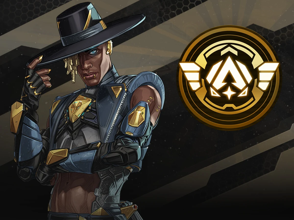 An Apex Legends character in a black and gold hat stands beside a golden Ranked emblem.