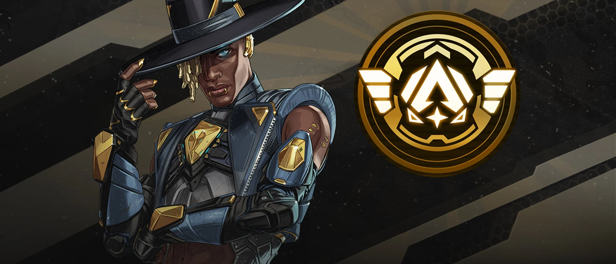 An Apex Legends character in a black and gold hat stands beside a golden Ranked emblem.