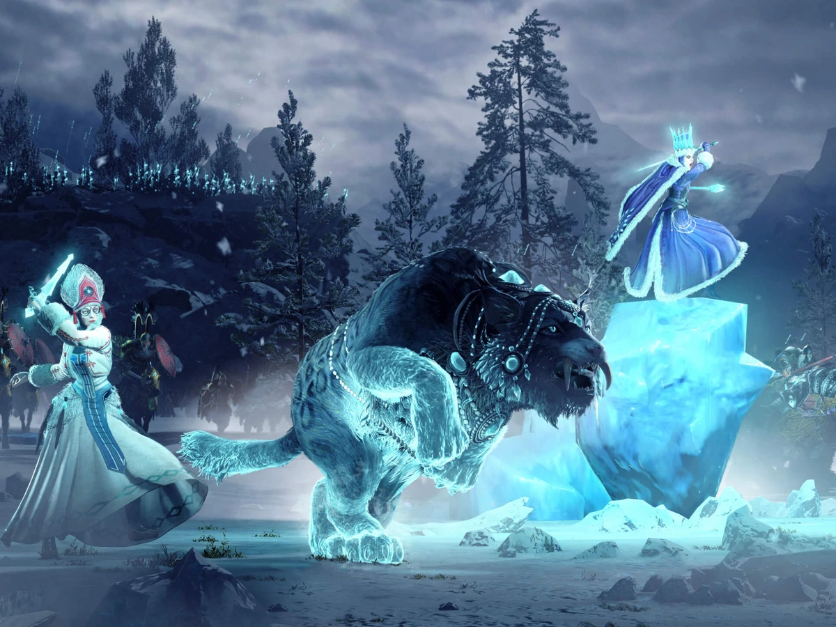 Kislev ice witches stand beside an elemental bear in a snowy Total War Warhammer III battlefield.