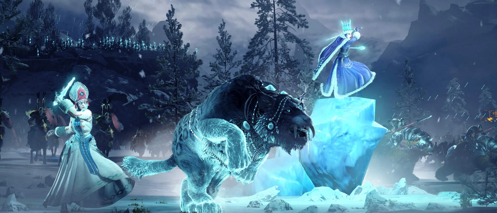 Kislev ice witches stand beside an elemental bear in a snowy Total War Warhammer III battlefield.