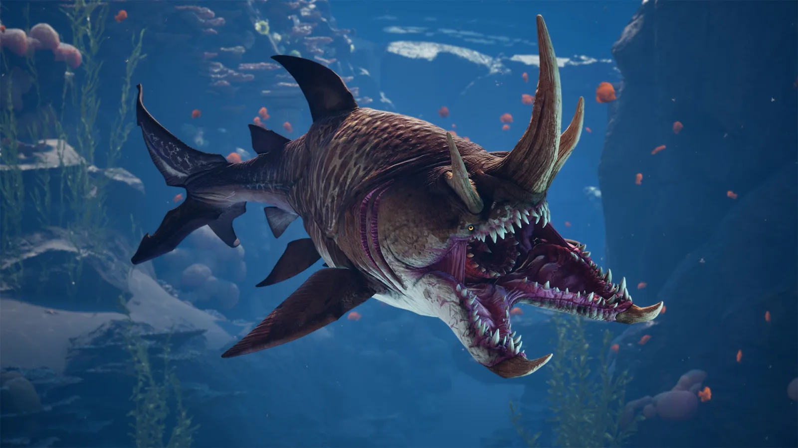 A horned, mutated shark swims through a coral-filled aquarium environment.