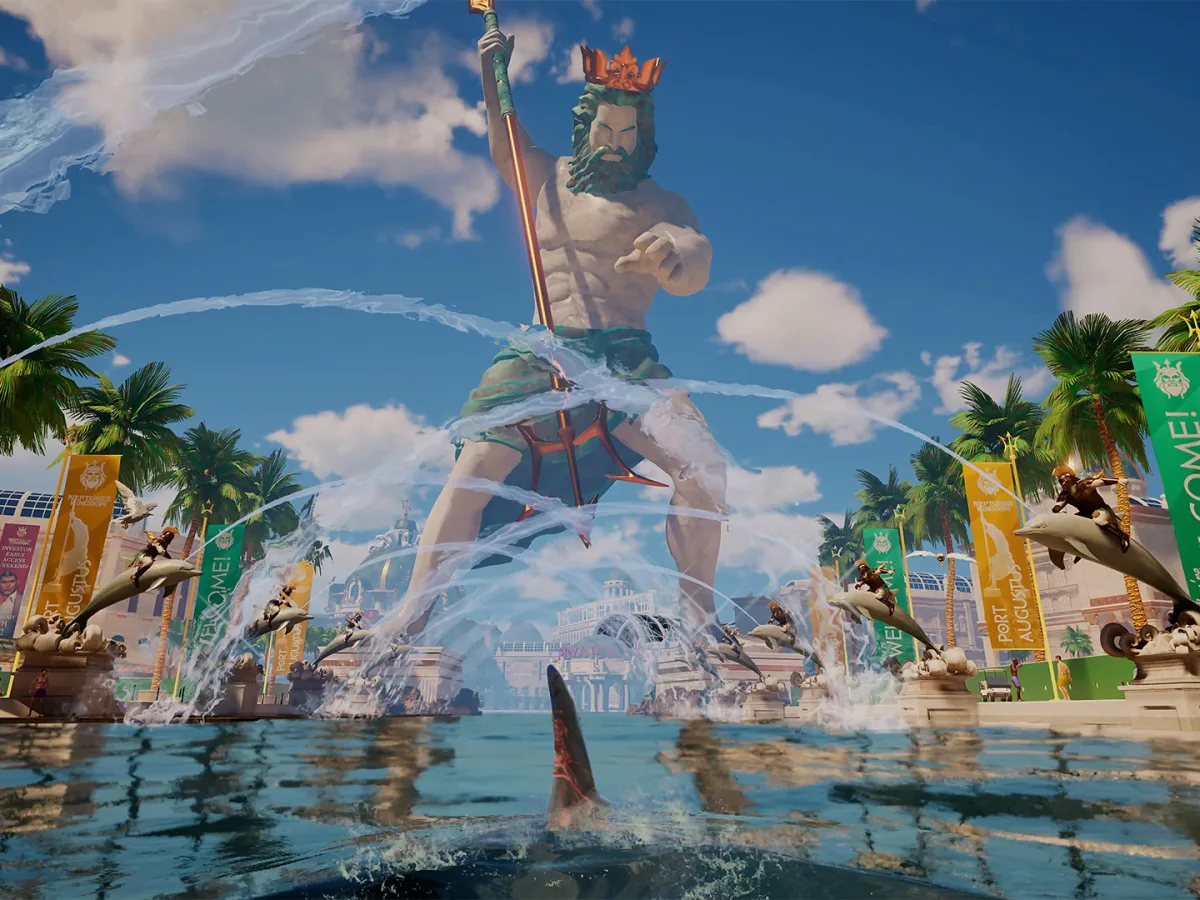 A bull shark swims in a fountain beneath a giant Neptune statue at an elaborate island theme park.