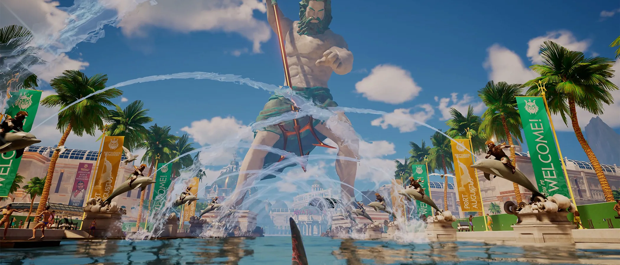 A bull shark swims in a fountain beneath a giant Neptune statue at an elaborate island theme park.