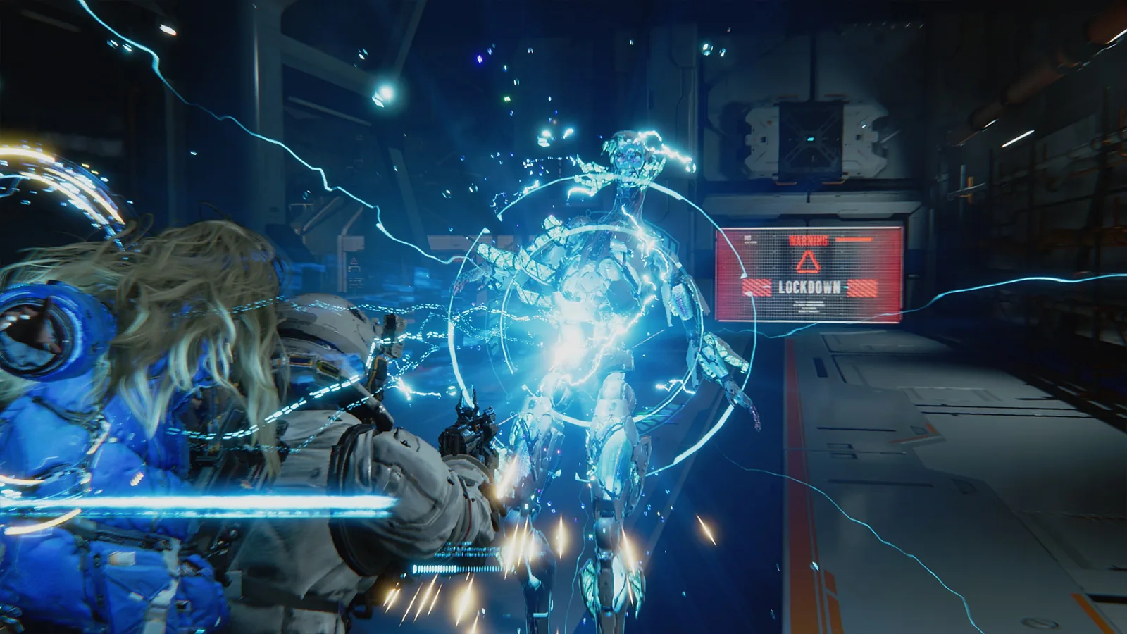 Hugh aims a weapon at a glowing robot while a circular hacking interface surrounds the enemy.
