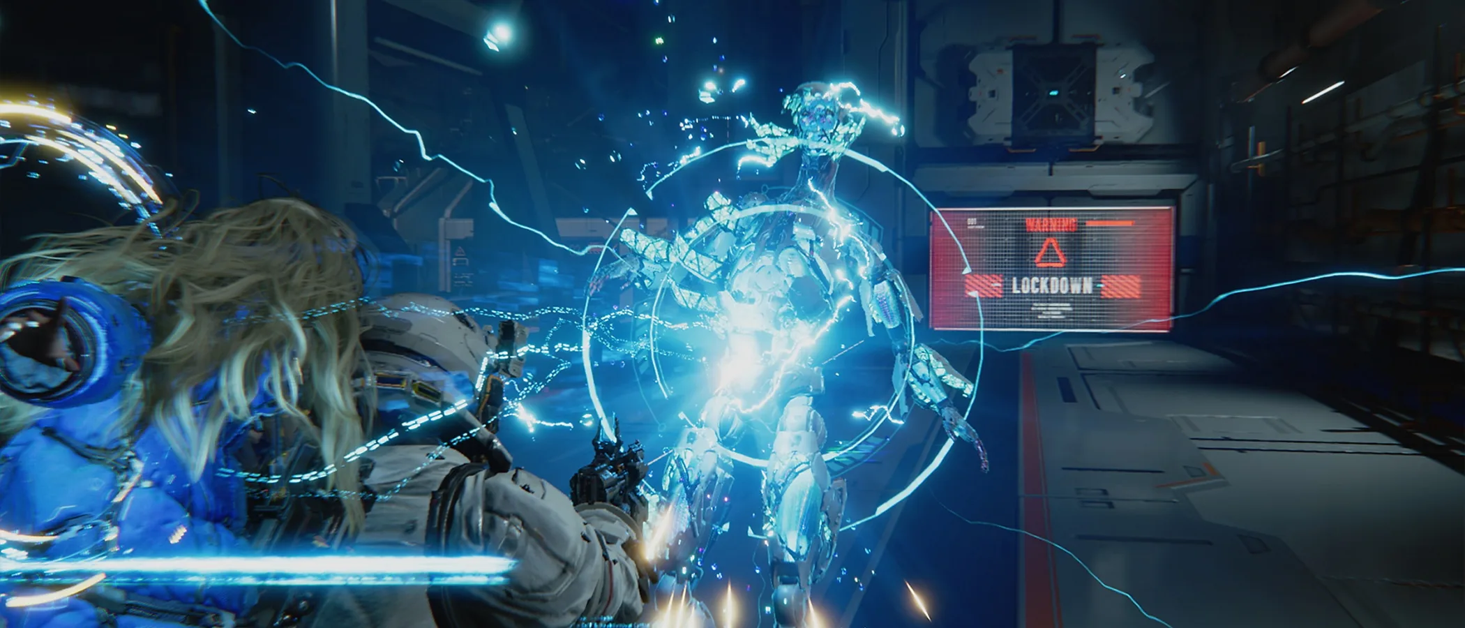 Hugh aims a weapon at a glowing robot while a circular hacking interface surrounds the enemy.