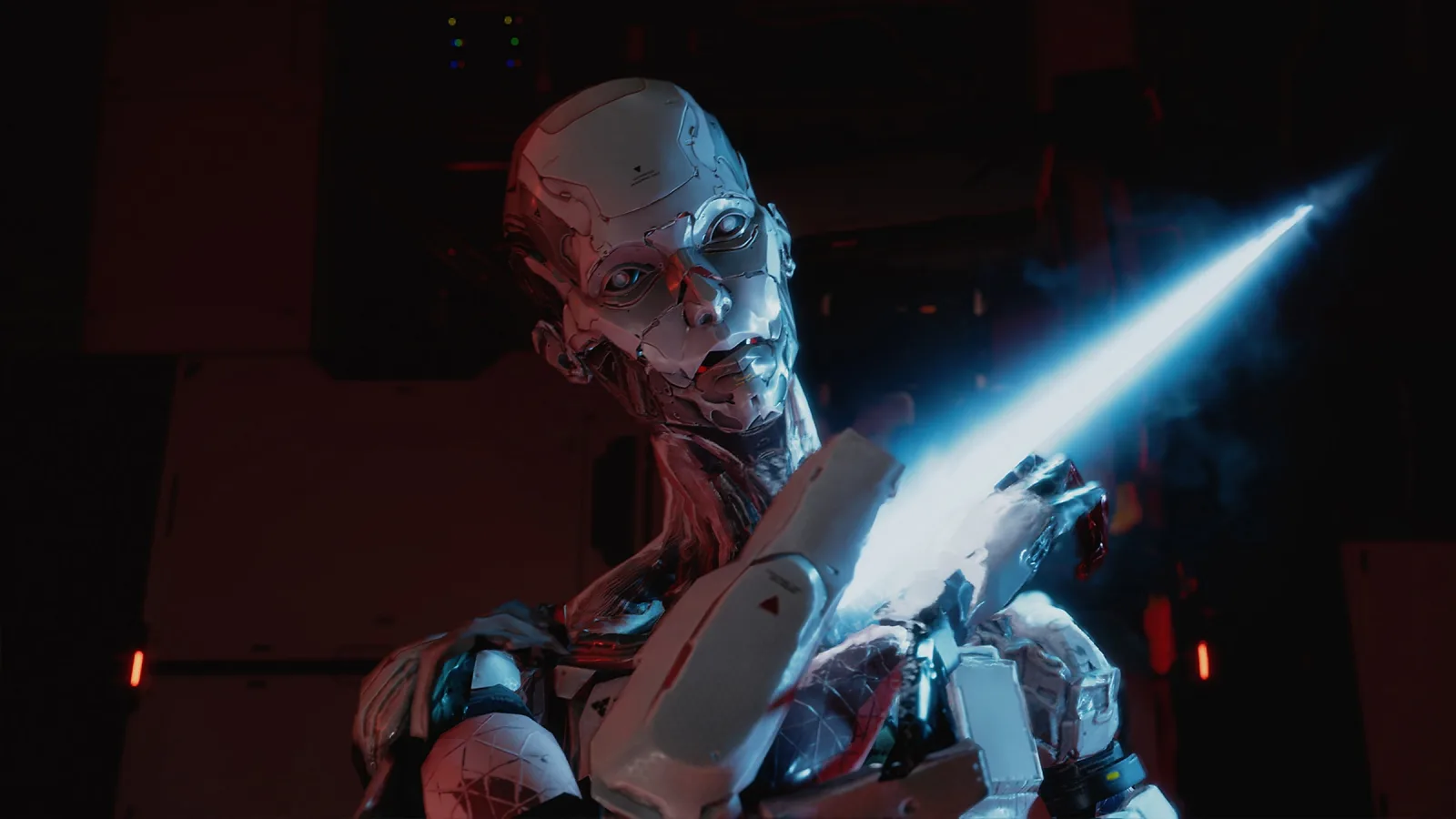 A white humanoid robot raises a hand in a dark red-lit room in Pragmata.