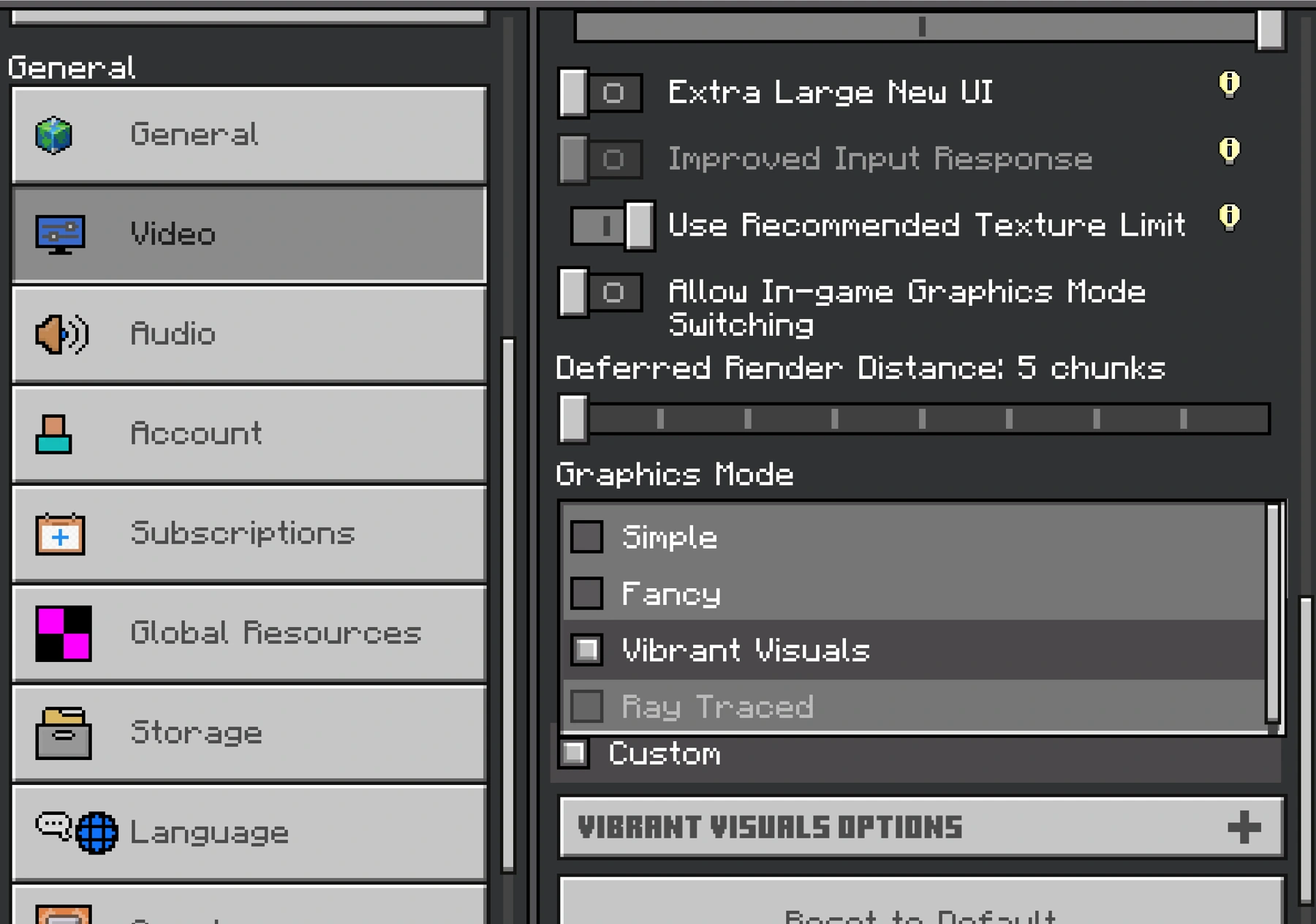 Official Minecraft Video settings image shows Vibrant Visuals under Graphics Mode.