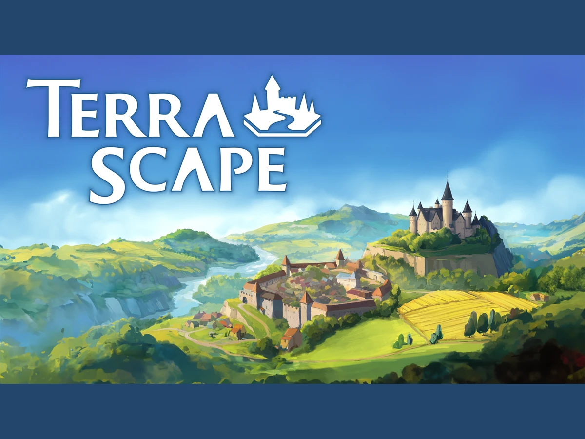 TerraScape artwork showing a castle, village and fields on floating islands