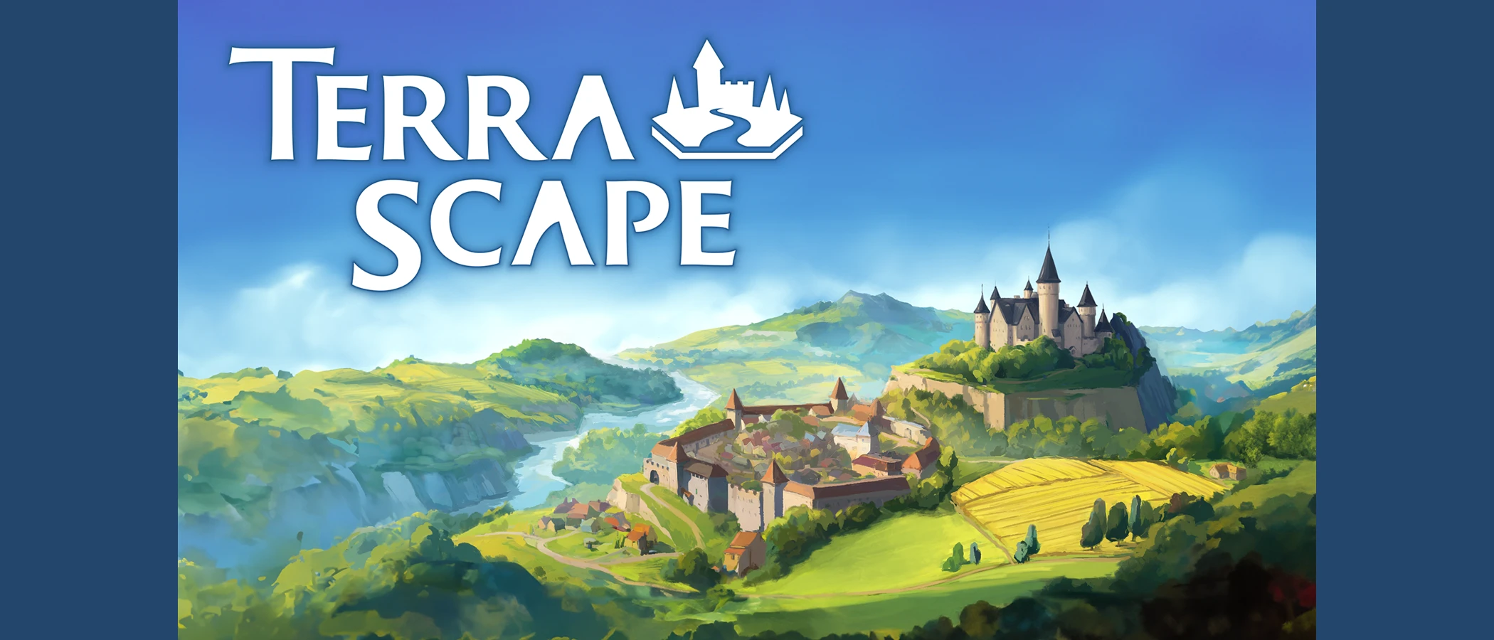 TerraScape artwork showing a castle, village and fields on floating islands