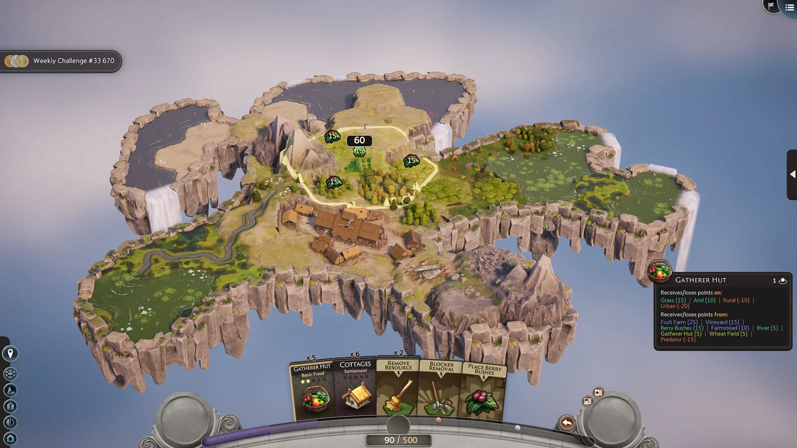 TerraScape Weekly Challenge gameplay showing building cards and an island