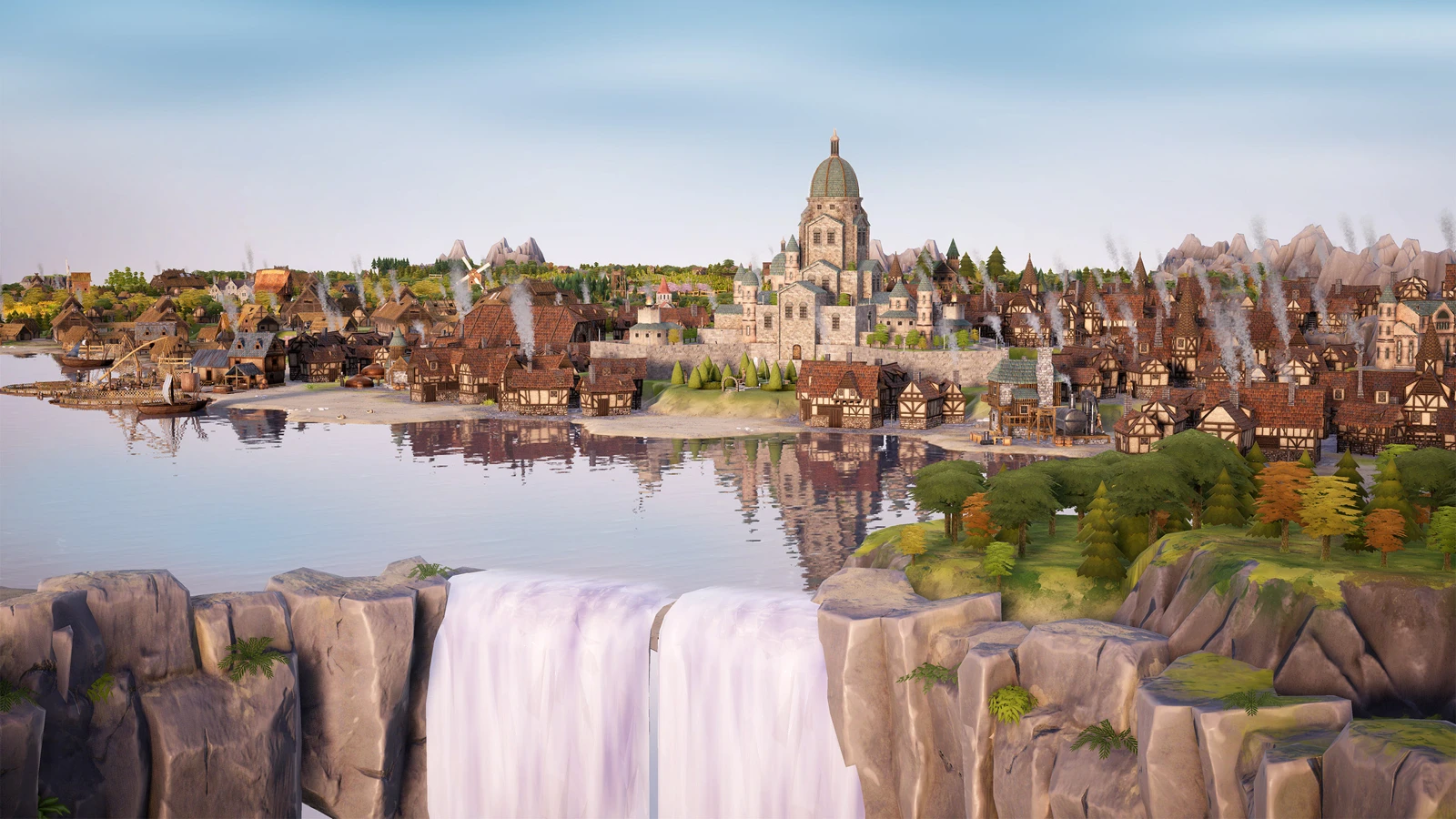 A TerraScape floating island settlement surrounded by green landscapes