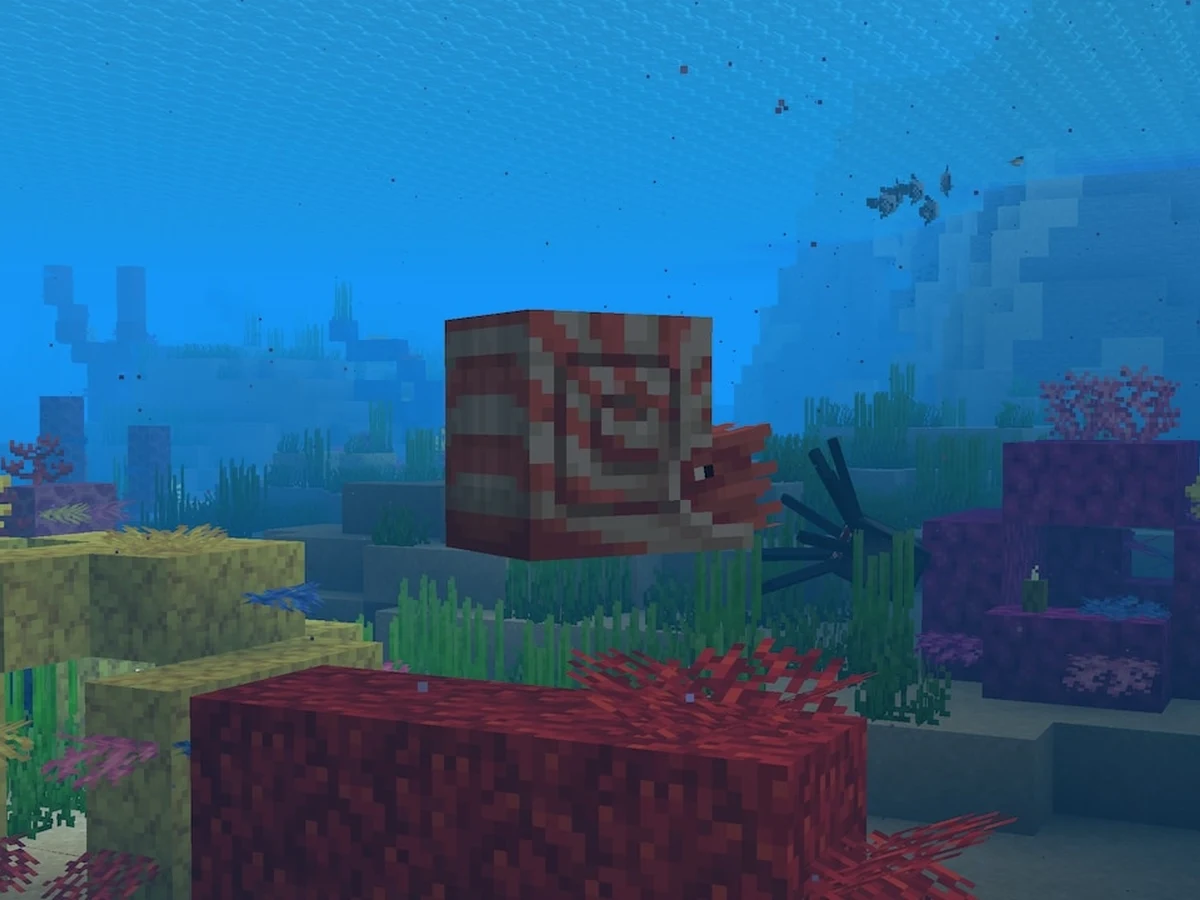 A striped nautilus swims above colourful coral on Minecraft's ocean floor.