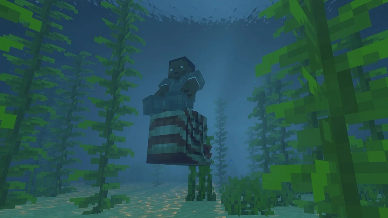 A Minecraft player rides a saddled nautilus underwater between tall kelp plants.