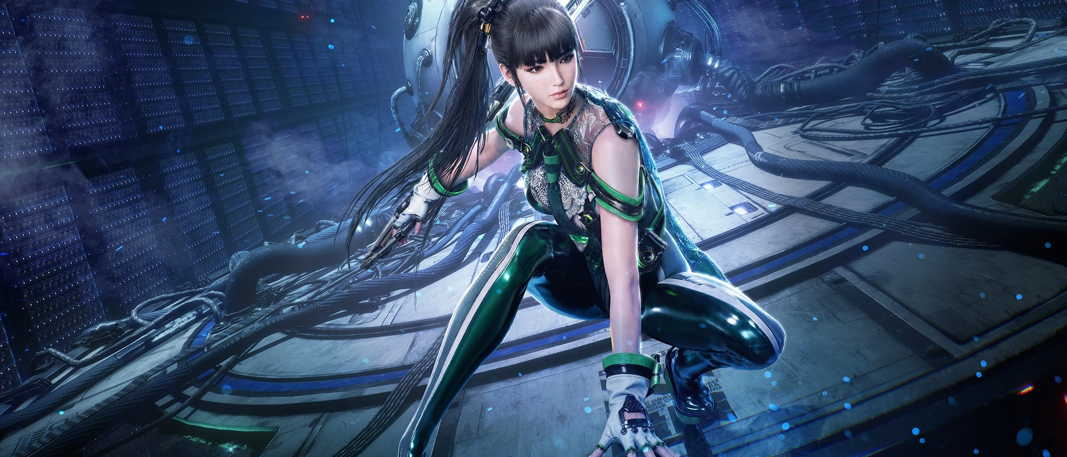 EVE crouches with her blade in a blue-lit circular chamber