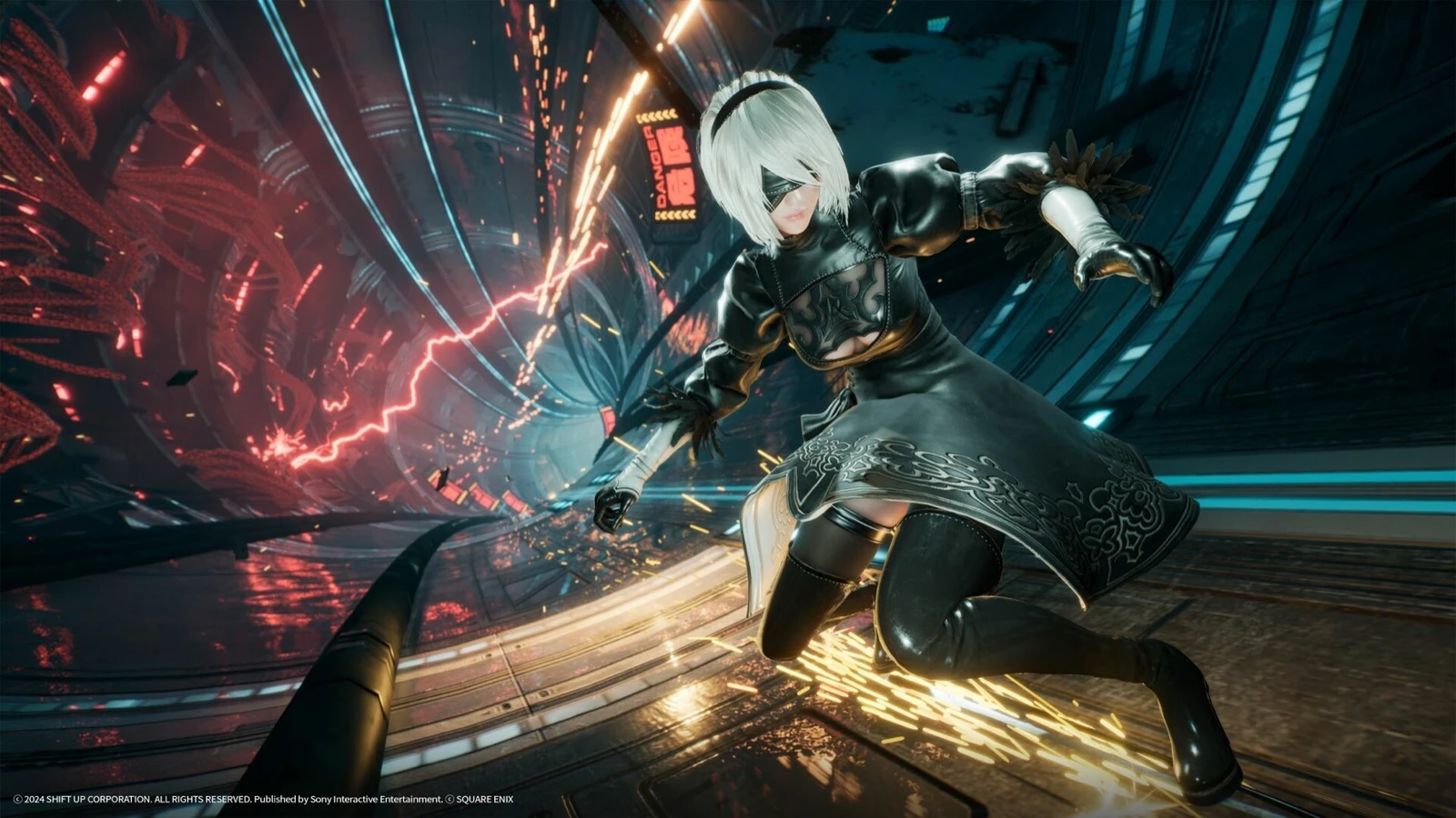 EVE wears a black NieR collaboration outfit and a white bob hairstyle while wielding a sword