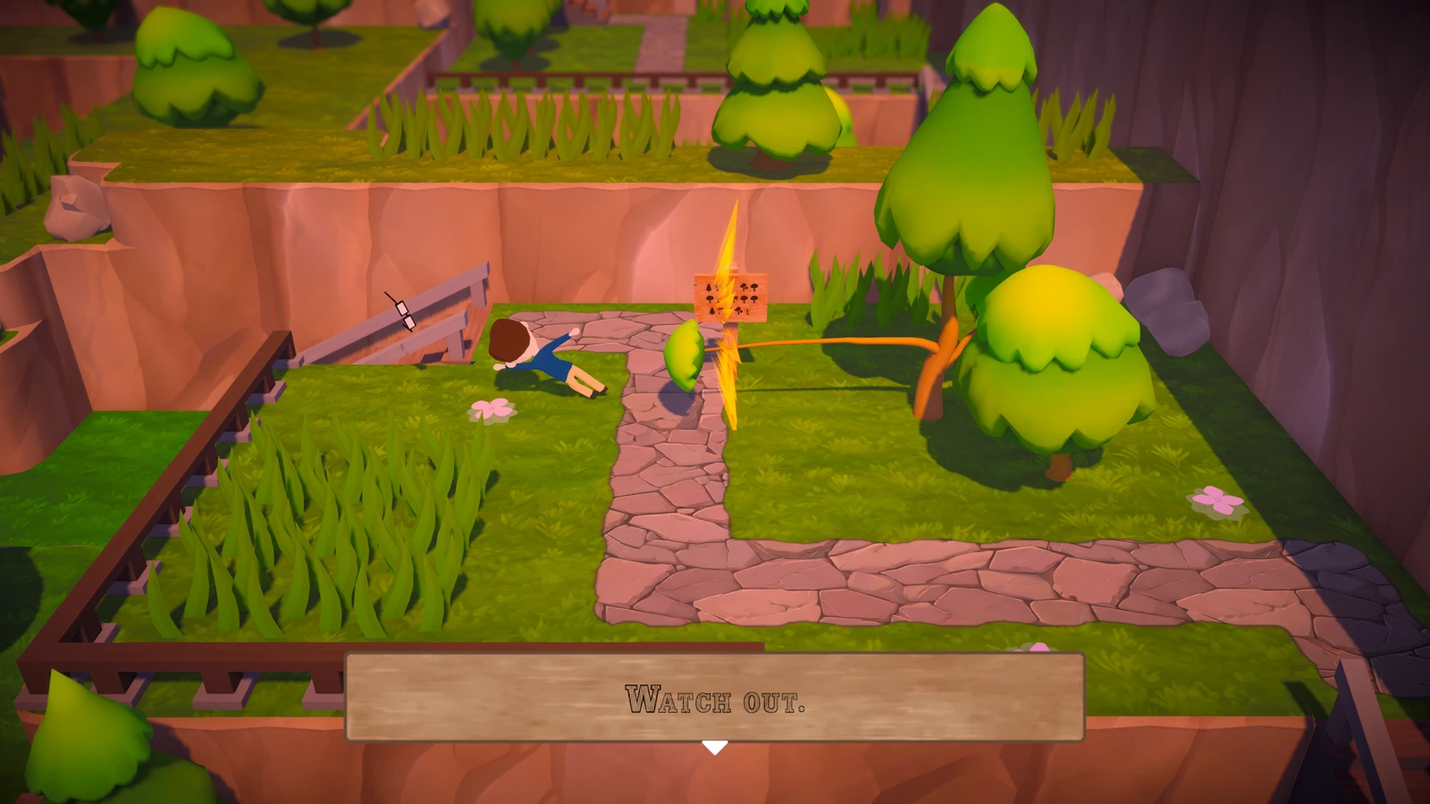 A tree branch hits a hiker, sending the character and their glasses flying beside a stone path