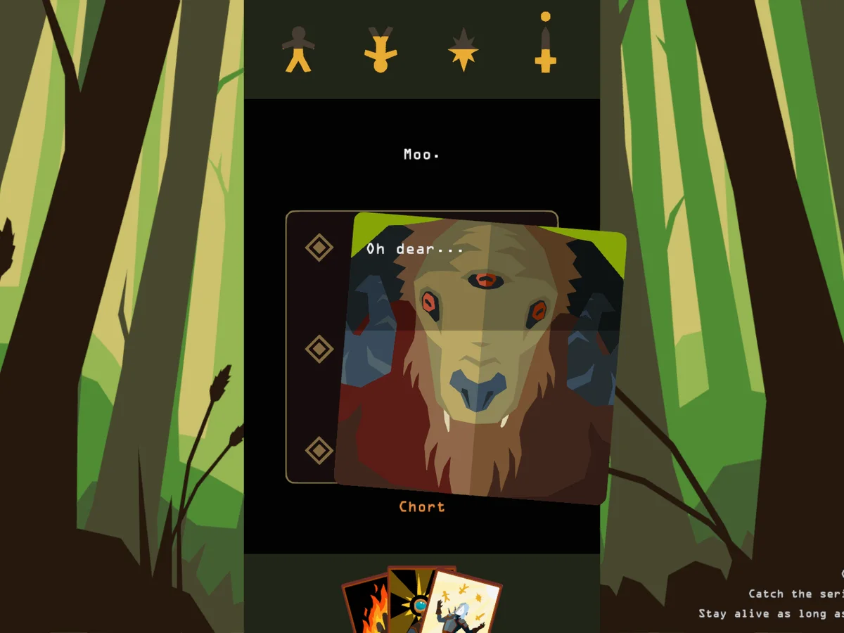 A Chort monster appears on a tilted card in a green forest in Reigns: The Witcher
