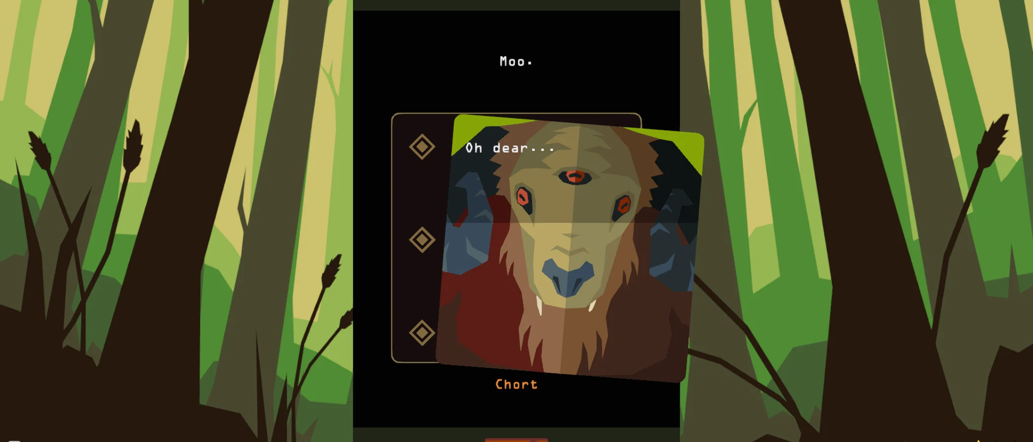 A Chort monster appears on a tilted card in a green forest in Reigns: The Witcher