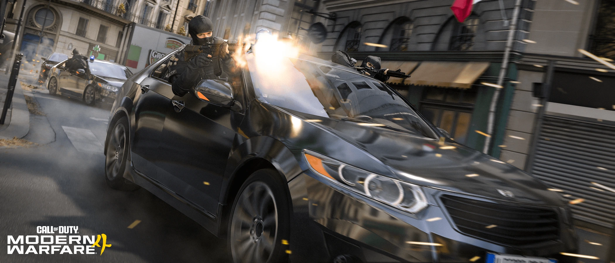 An armed operator leans from a car during a chase through a Paris street in Modern Warfare 4.