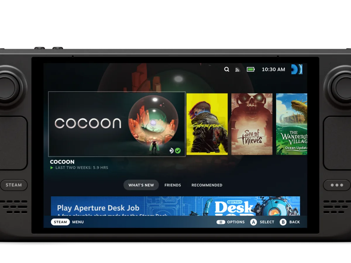 A Steam Deck OLED shown from the front with its screen lit and controls visible.
