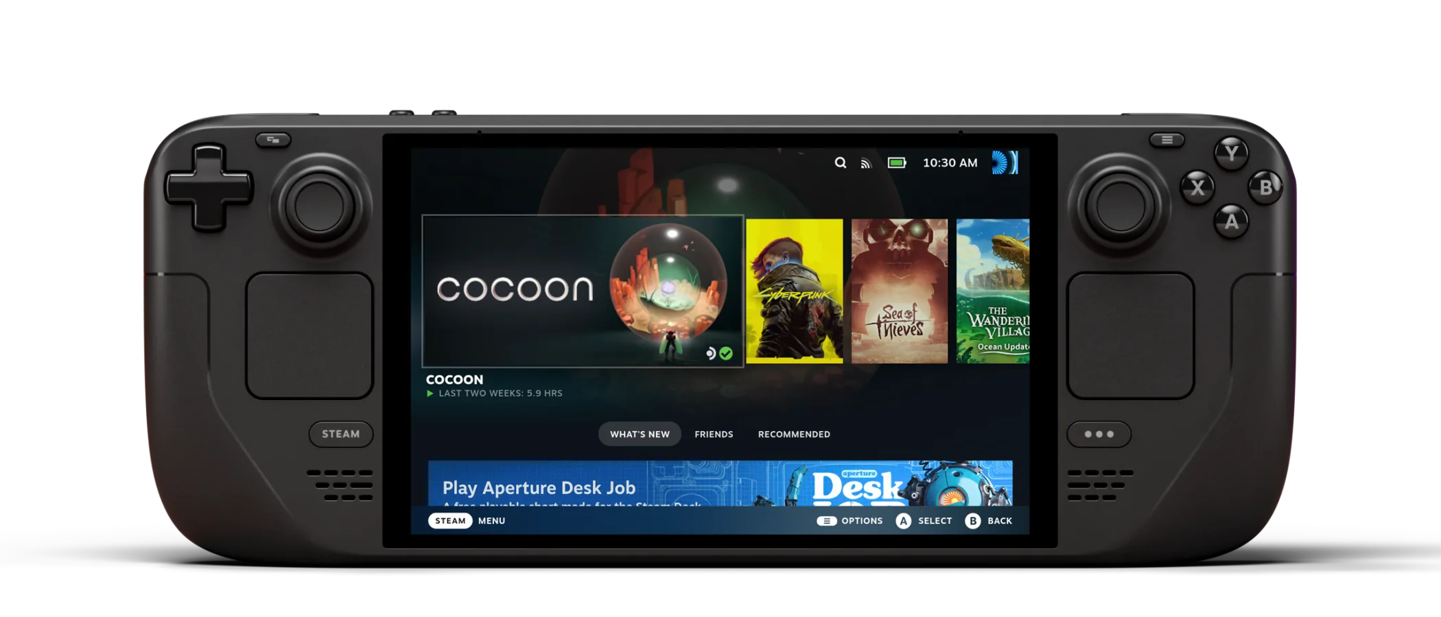 A Steam Deck OLED shown from the front with its screen lit and controls visible.
