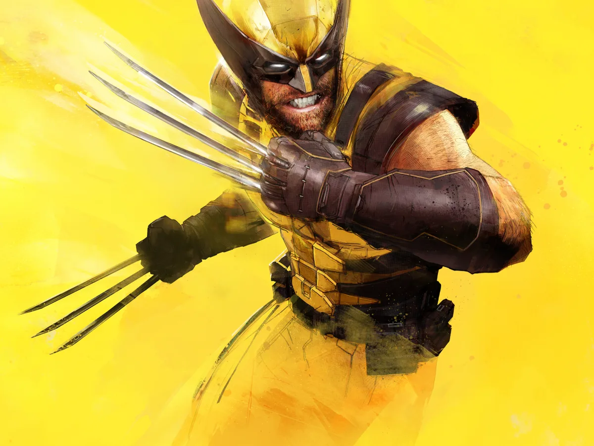 Logan, wearing a yellow-and-blue suit, extends his metal claws against a yellow background.