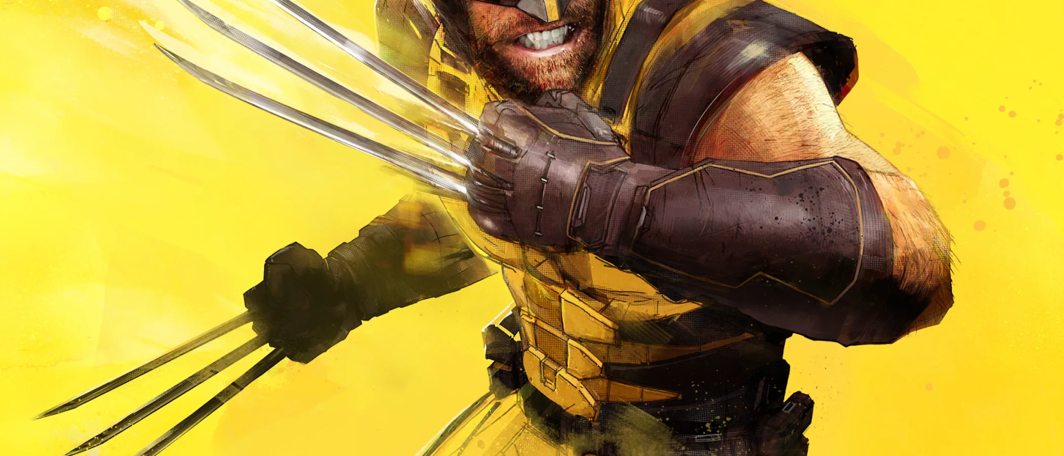 Logan, wearing a yellow-and-blue suit, extends his metal claws against a yellow background.