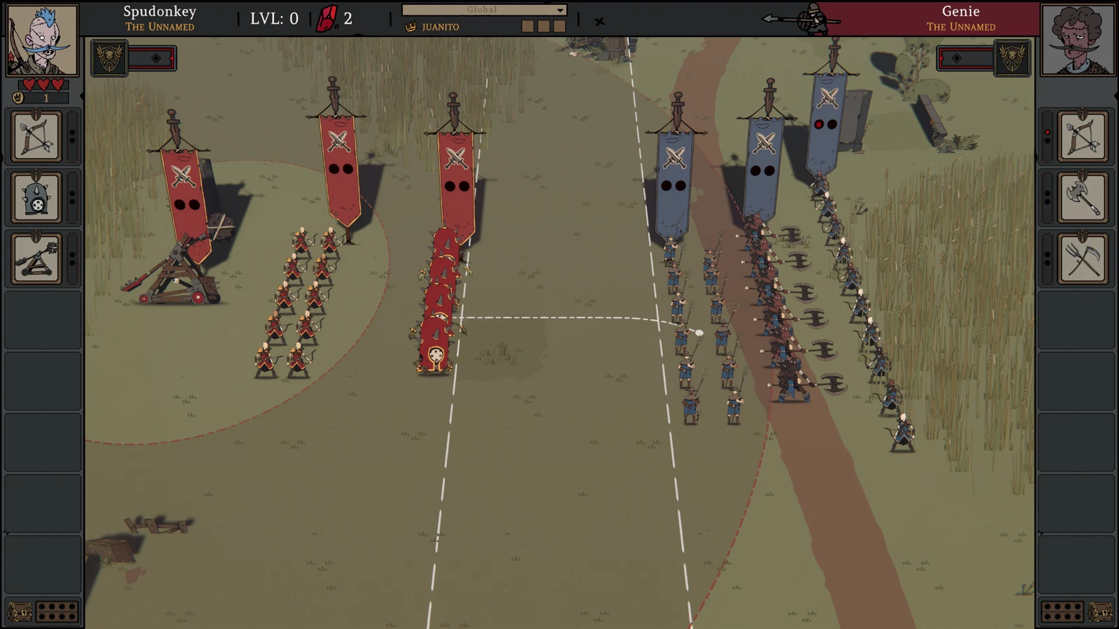 Red and blue troop formations face each other across a battlefield in Fool King.