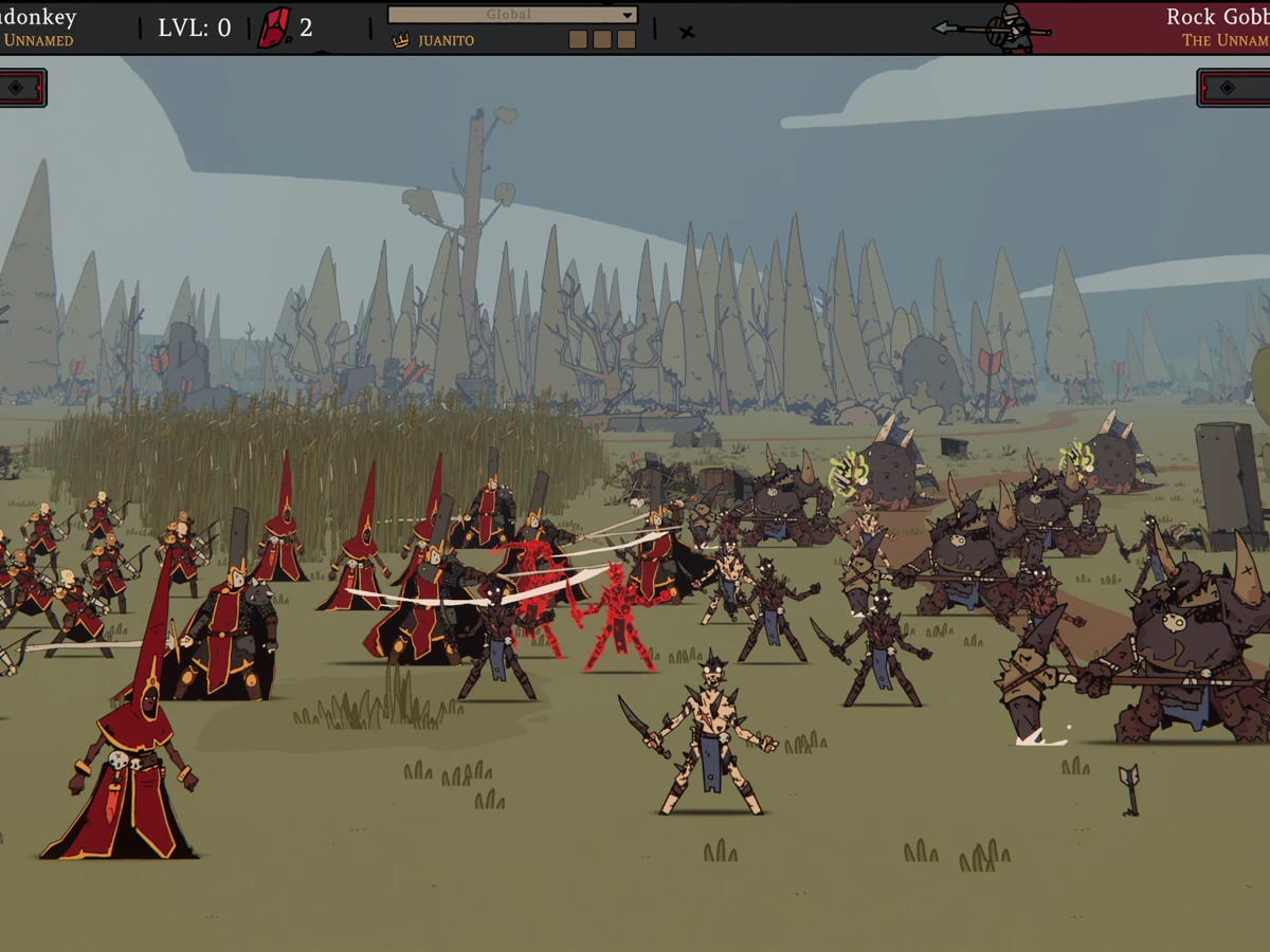 Red-robed mages and soldiers fight a force of beasts in Fool King.