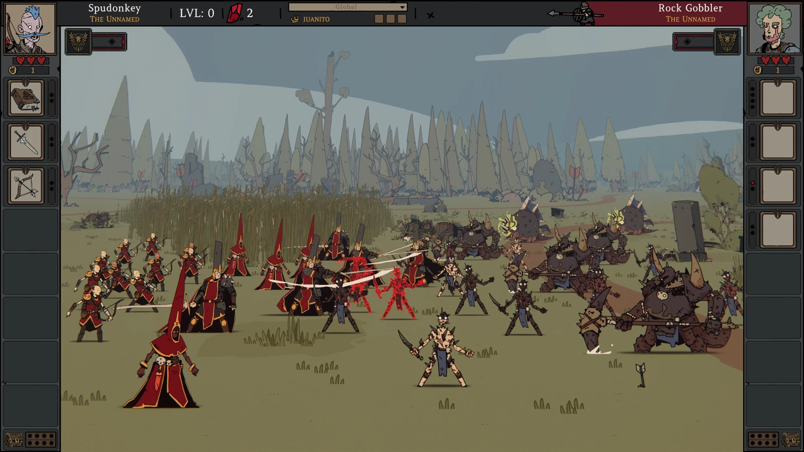 Red-robed mages and soldiers fight a force of beasts in Fool King.