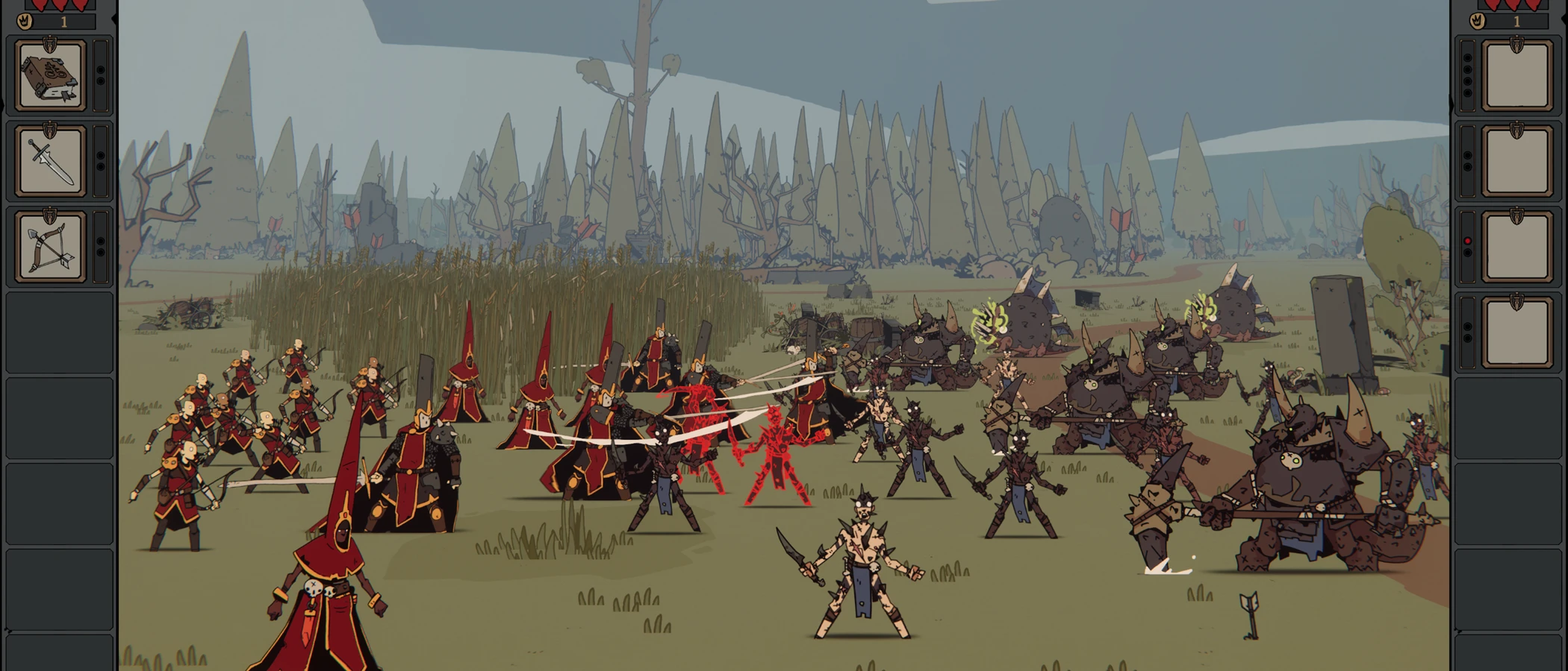 Red-robed mages and soldiers fight a force of beasts in Fool King.