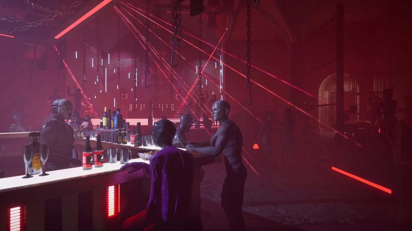 Official game image of masked figures gathered in a red-lit Scarlet Church interior.