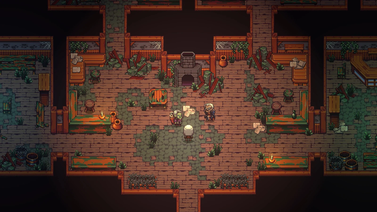 Characters stand inside a damaged room with broken floors and scattered furniture
