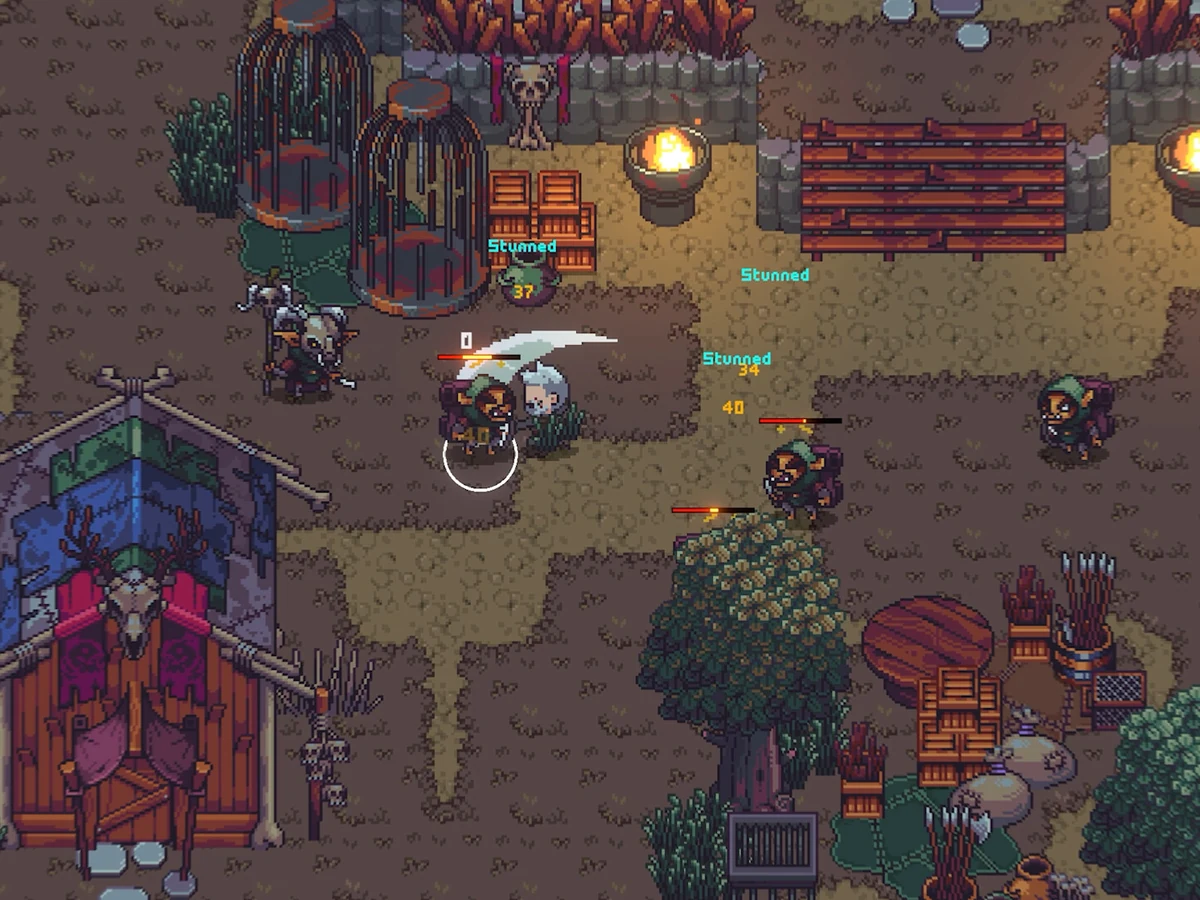 A pixel-art fighter strikes enemies among timber buildings and trees in Emberville
