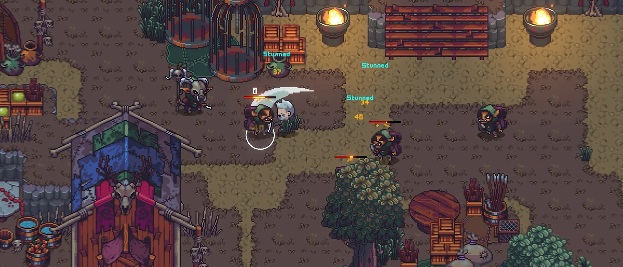 A pixel-art fighter strikes enemies among timber buildings and trees in Emberville