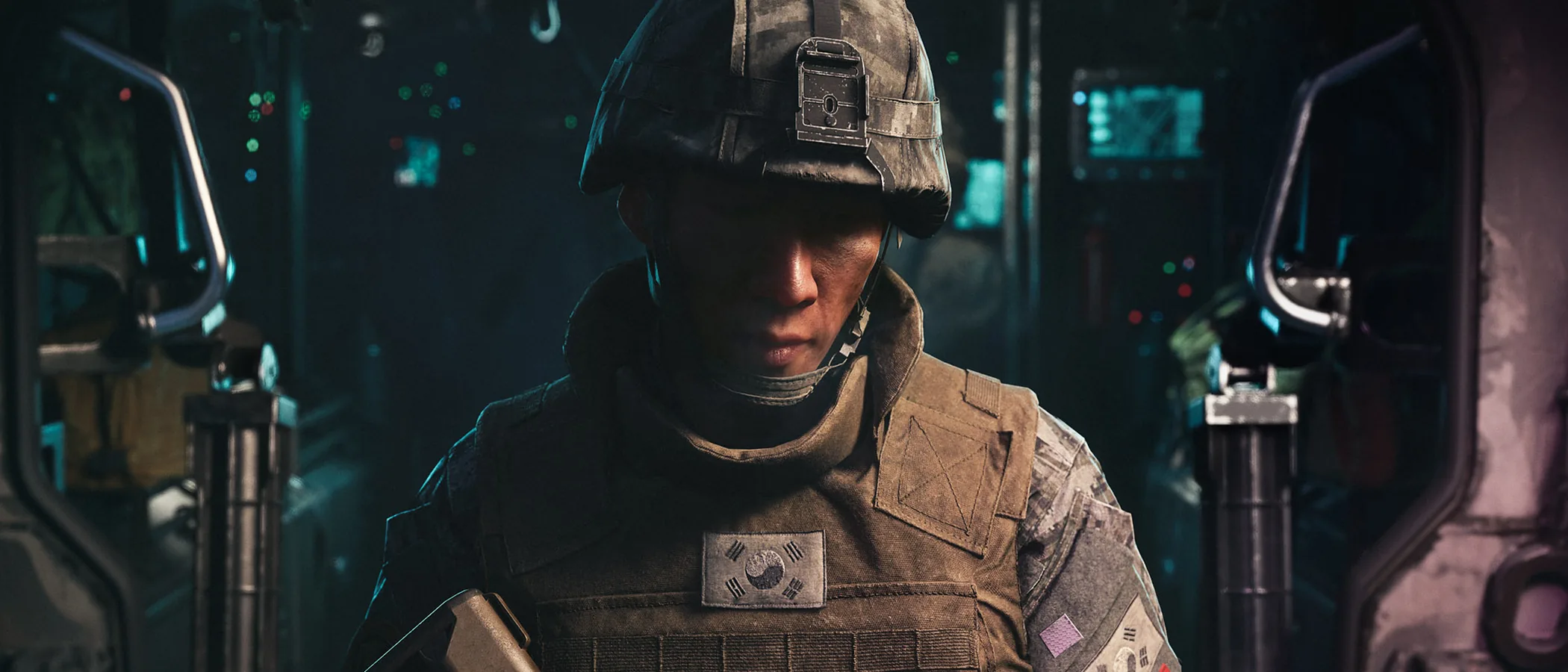 Private Park sits in a military vehicle wearing South Korean uniform in Call of Duty: Modern Warfare 4.