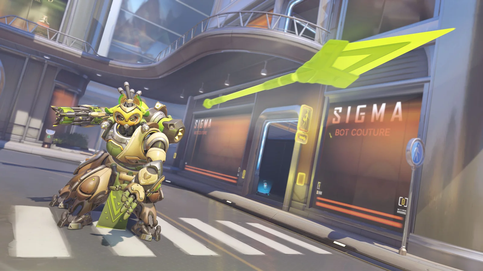 Orisa throws a glowing green javelin in an official Overwatch gameplay image.
