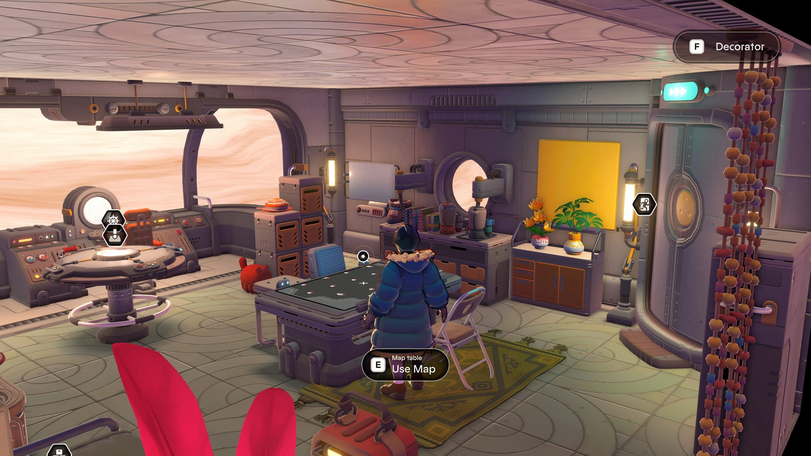 A sundog stands beside a map table, chairs, potted plants and shelves inside a furnished spaceship.